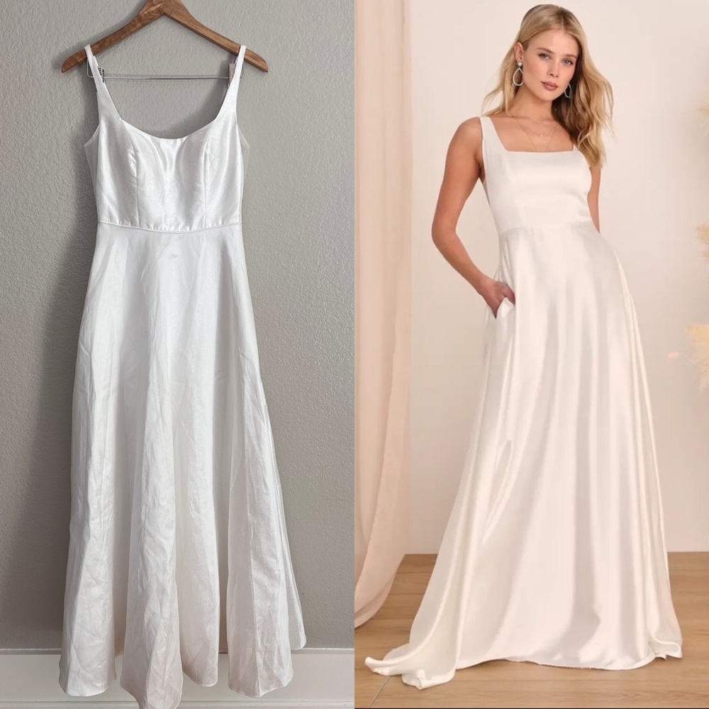 Ivory satin sleeveless maxi dress pockets wedding bridal